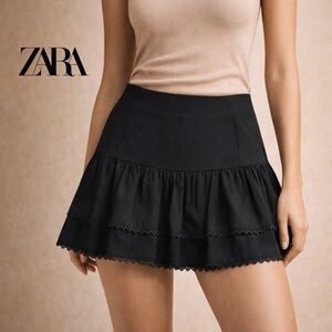 Zara Black Ruffle Mini Skirt Lace Trim Tiered Flowy Skirt Size S Chic